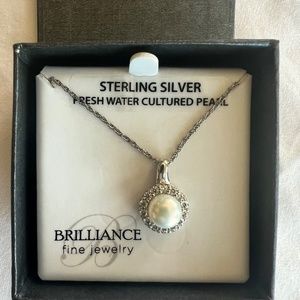 Sterling Silver CZ White 8mm Fresh Water Cultured Pearl Pendant - Gift Boxed